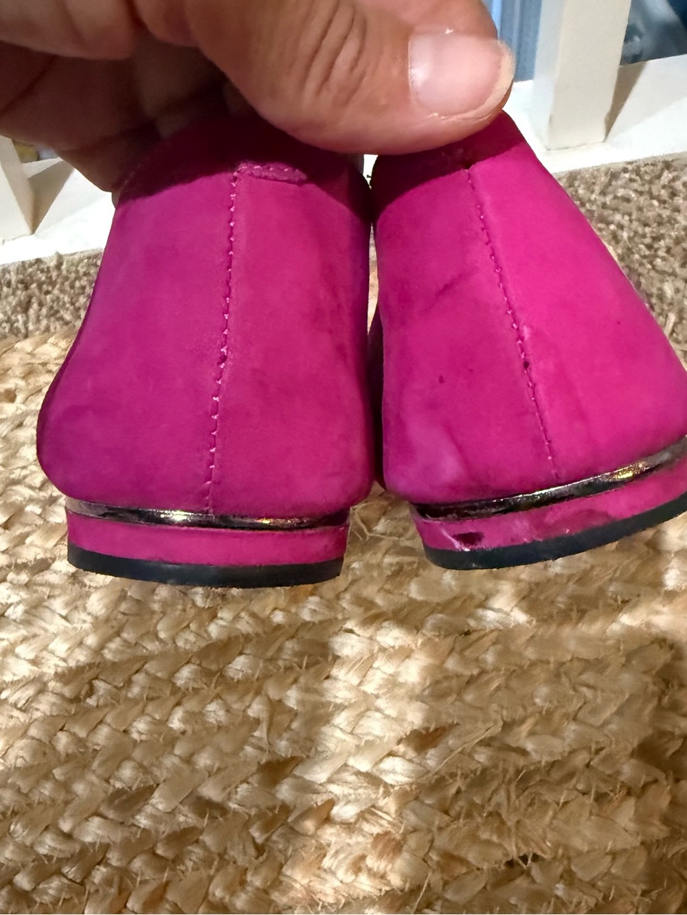 Schutz Fuchsia Suede Pointed Toe Flats with Metallic Cap - Picture 2 of 5